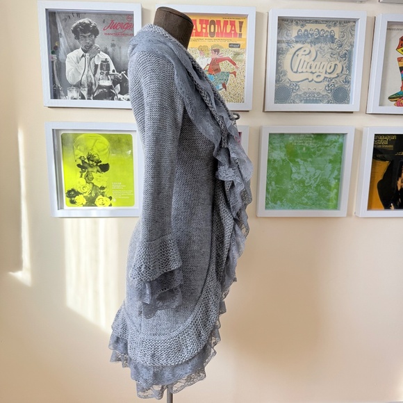 Y2K Coquette Grey Knit Lace Cardigan – Balletcore Fairy Grunge Tie Front - Picture 3 of 12